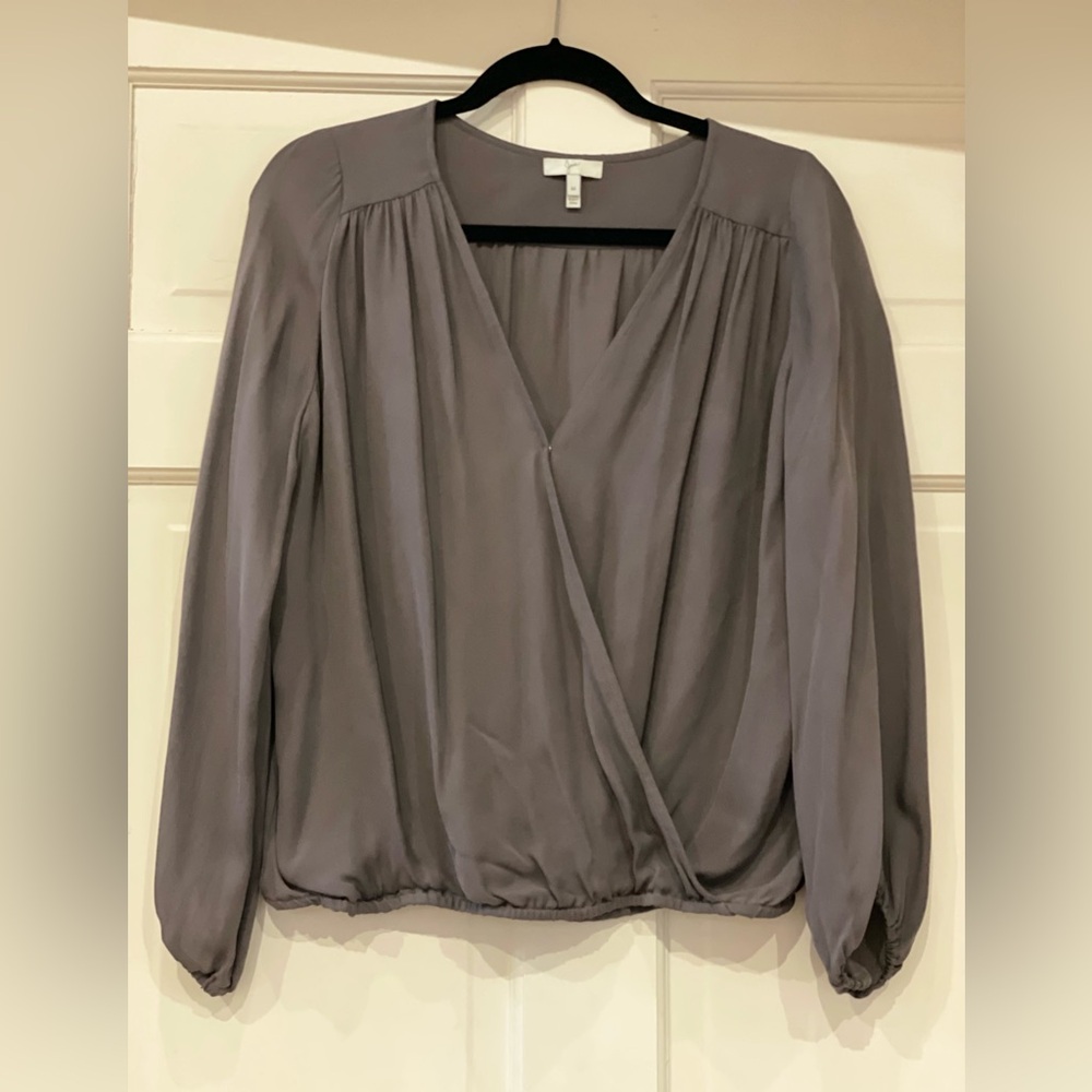JOIE 100% Silk Taupe faux wrap blouse with hidden snap closure